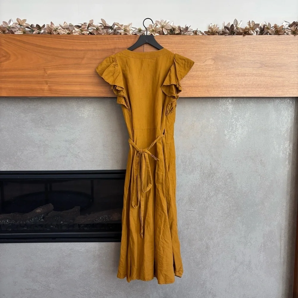 Madewell Linen-Blend Ruffle-Sleeve Wrap Midi Dress, Size S